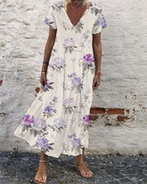 Casual Vintage Print Loose V-Neck Short Sleeve Maxi Dress
